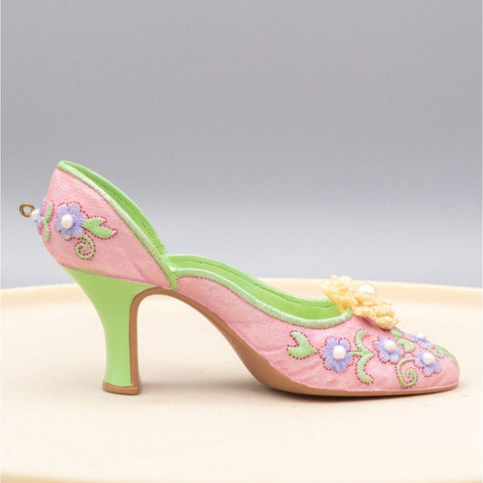 Miniature Resin Shoe Figurine Pink Floral Pearl Ornament