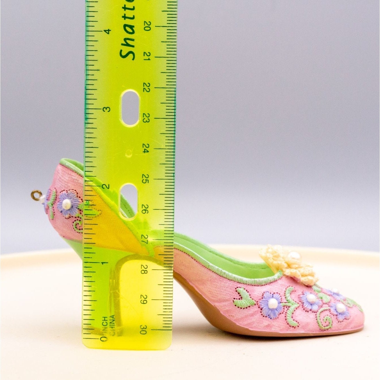 Miniature Resin Shoe Figurine Pink Floral Pearl Ornament