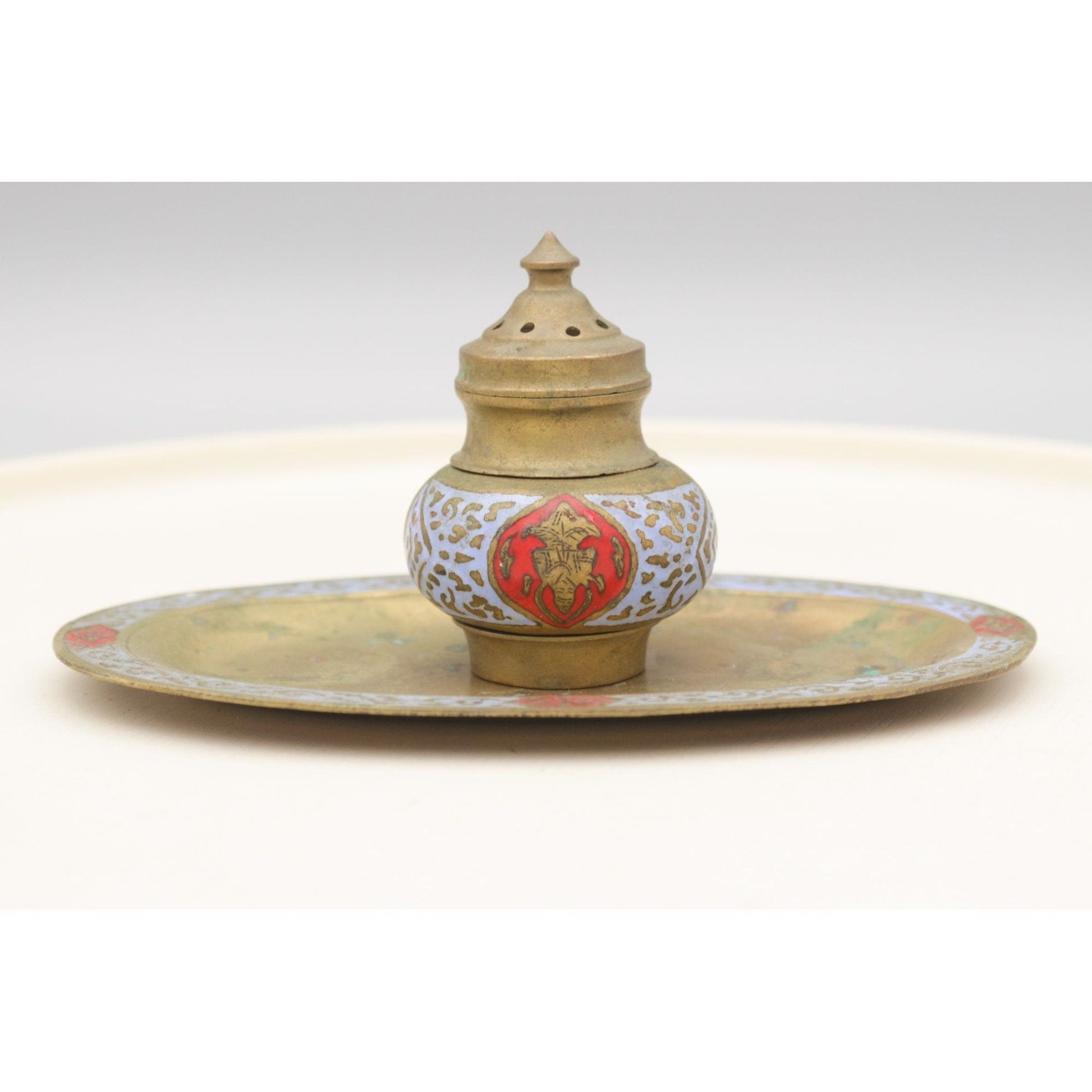 Vintage Painted Brass Made in India Hindu Deity Spice Shaker on Tray