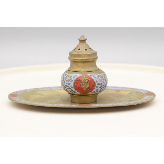 Vintage Painted Brass Made in India Hindu Deity Spice Shaker on Tray