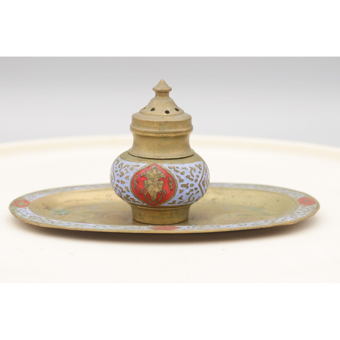 Vintage Painted Brass Made in India Hindu Deity Spice Shaker on Tray