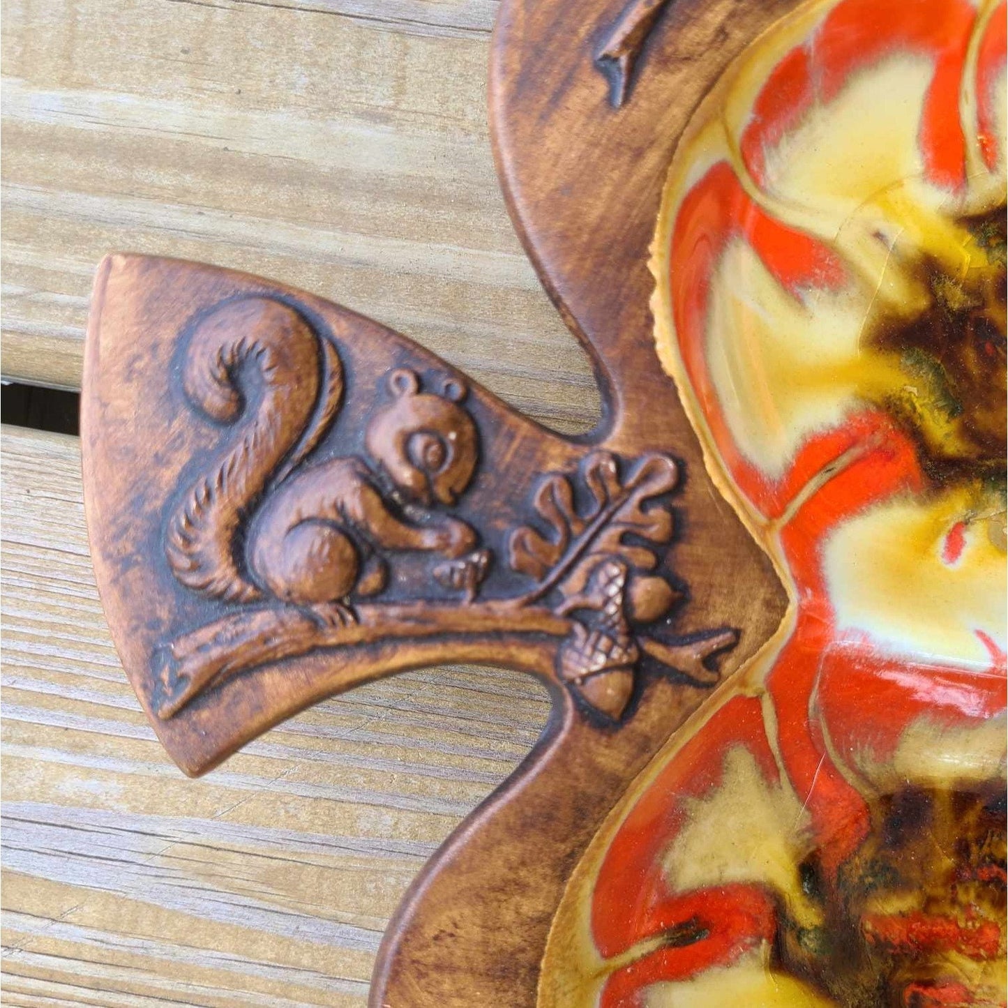 Vintage 1970s Treasure Craft Leaf Serving Dish Squirrel Brown Orange Yellow AS IS