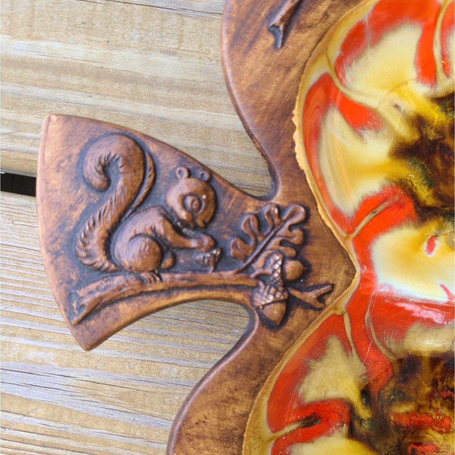 Vintage 1970s Treasure Craft Leaf Serving Dish Squirrel Brown Orange Yellow AS IS