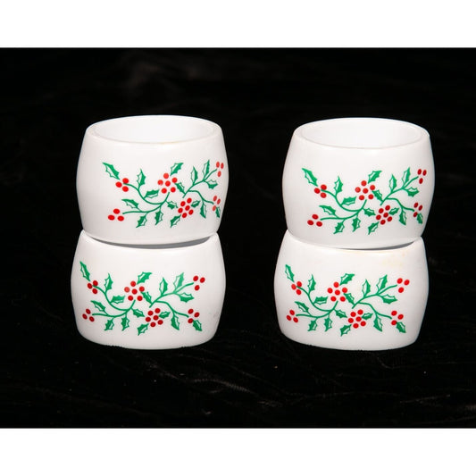 Vintage 80s Christmas Holly Napkin Rings Plastic Set of 4