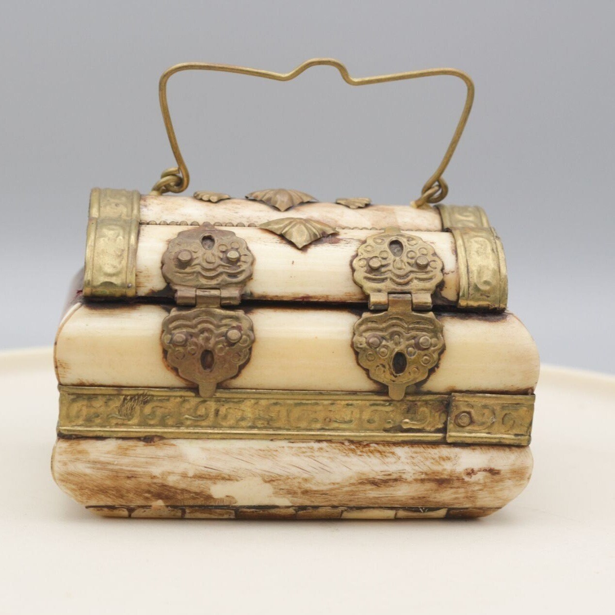 Vintage Handmade Camel Bone and Metal Decorative Trinket Box