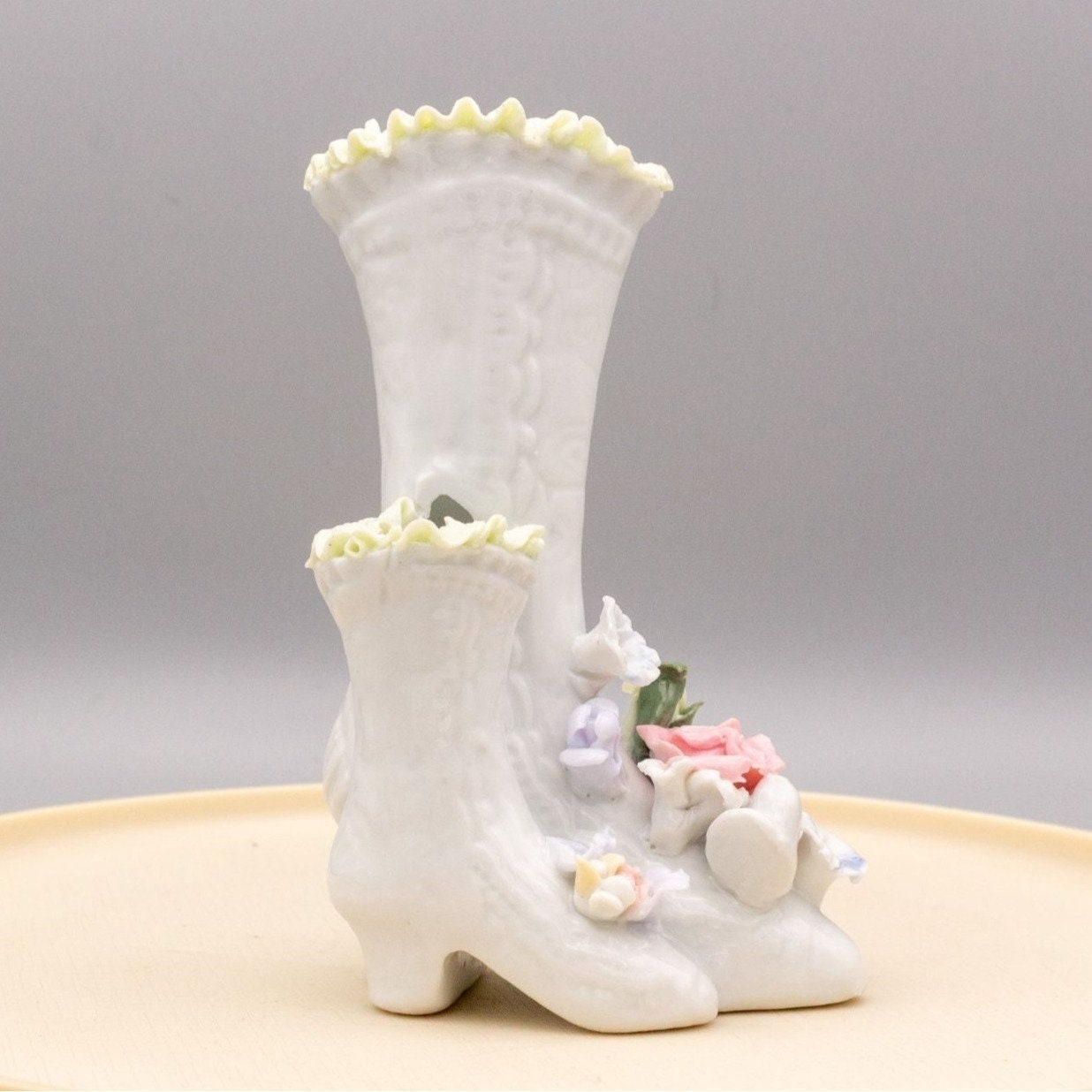Vintage Porcelain Victorian Boots Vase Applied Flowers Birds