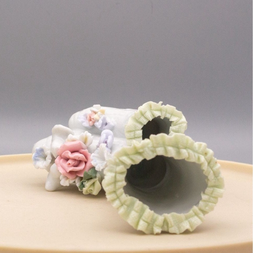 Vintage Porcelain Victorian Boots Vase Applied Flowers Birds