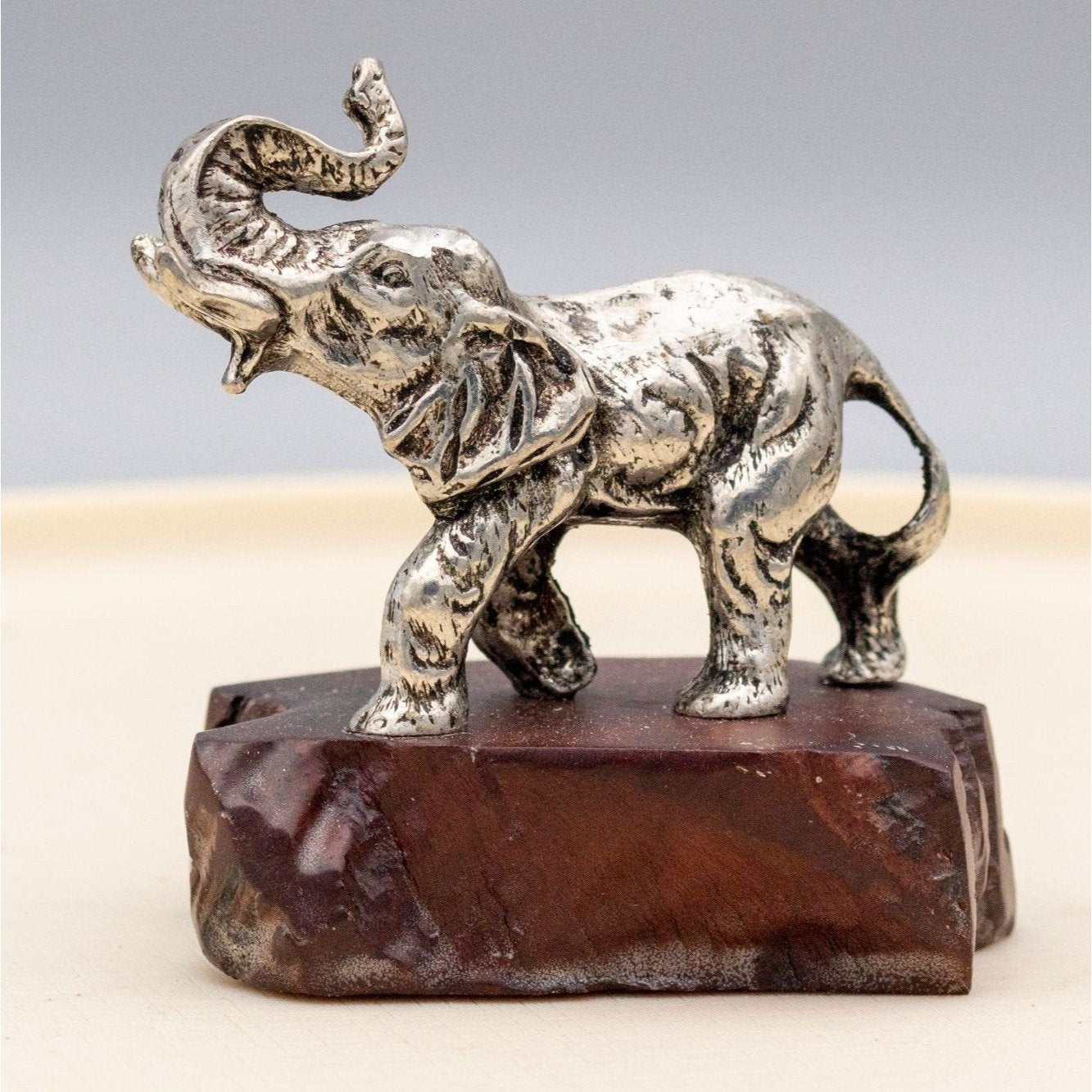 Vintage Pewter Elephant Figurine On Wooden Stand Small