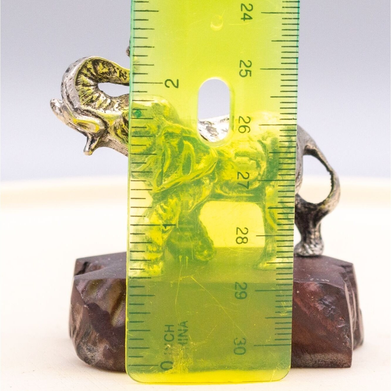 Vintage Pewter Elephant Figurine On Wooden Stand Small
