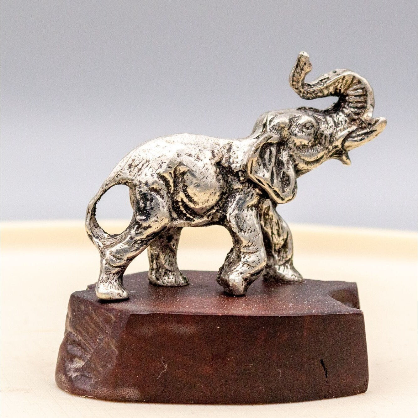 Vintage Pewter Elephant Figurine On Wooden Stand Small