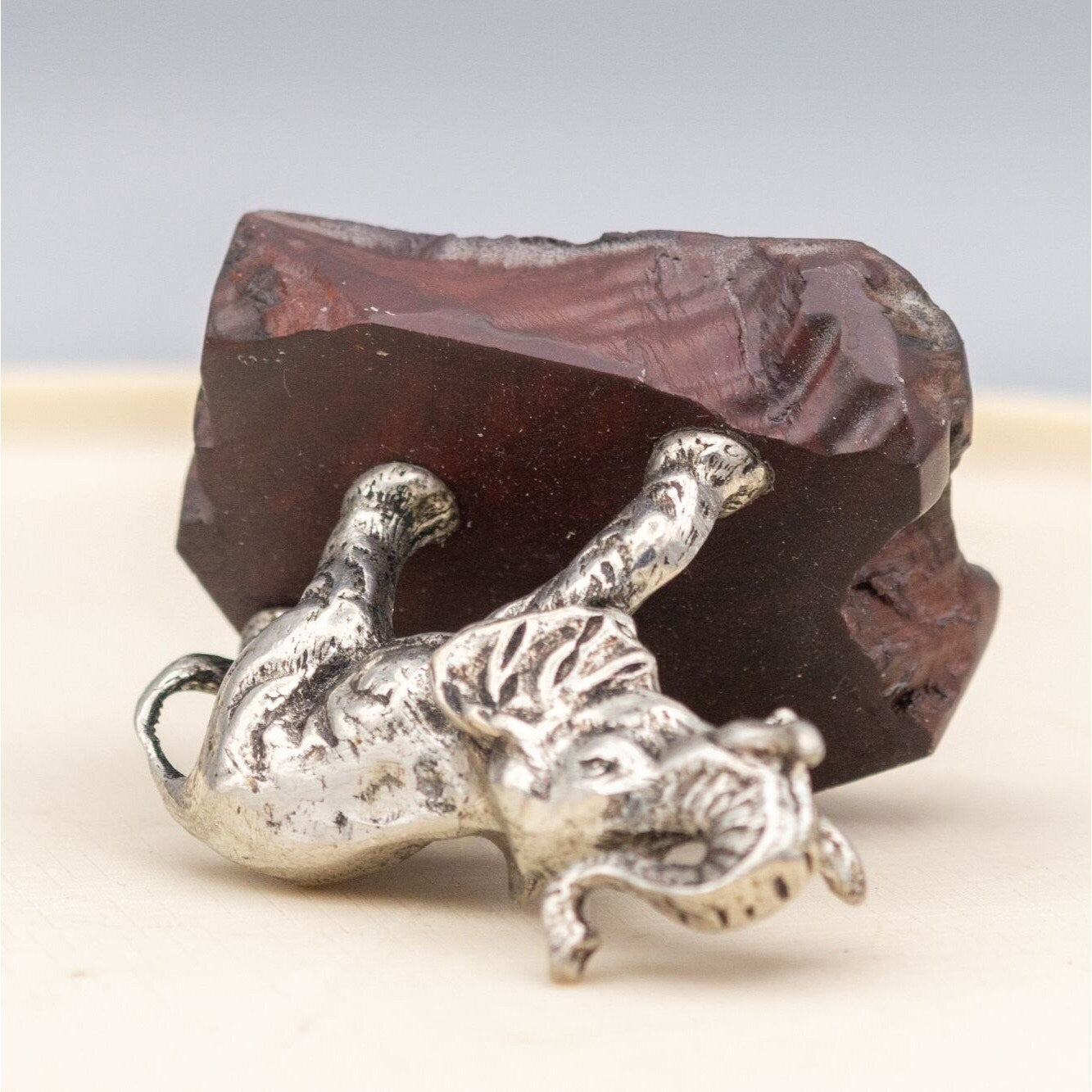 Vintage Pewter Elephant Figurine On Wooden Stand Small