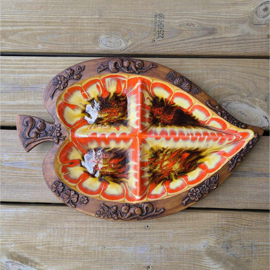 Vintage 1970s Treasure Craft Leaf Serving Dish Squirrel Brown Orange Yellow AS IS