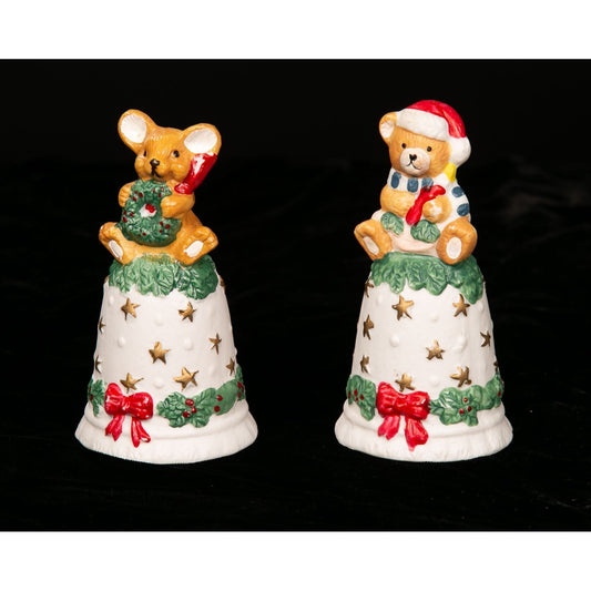 Vintage Christmas Bells Ceramic Mouse and Teddy Bear Set of 2