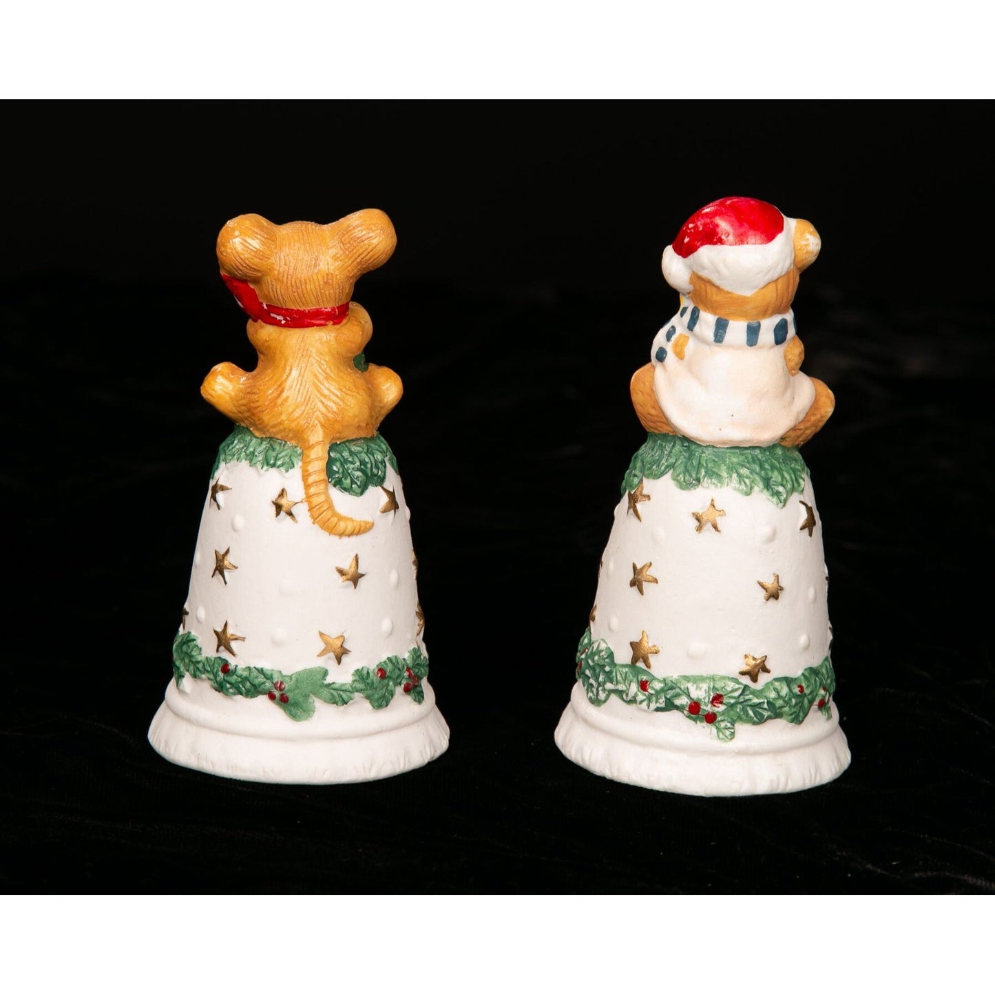 Vintage Christmas Bells Ceramic Mouse and Teddy Bear Set of 2