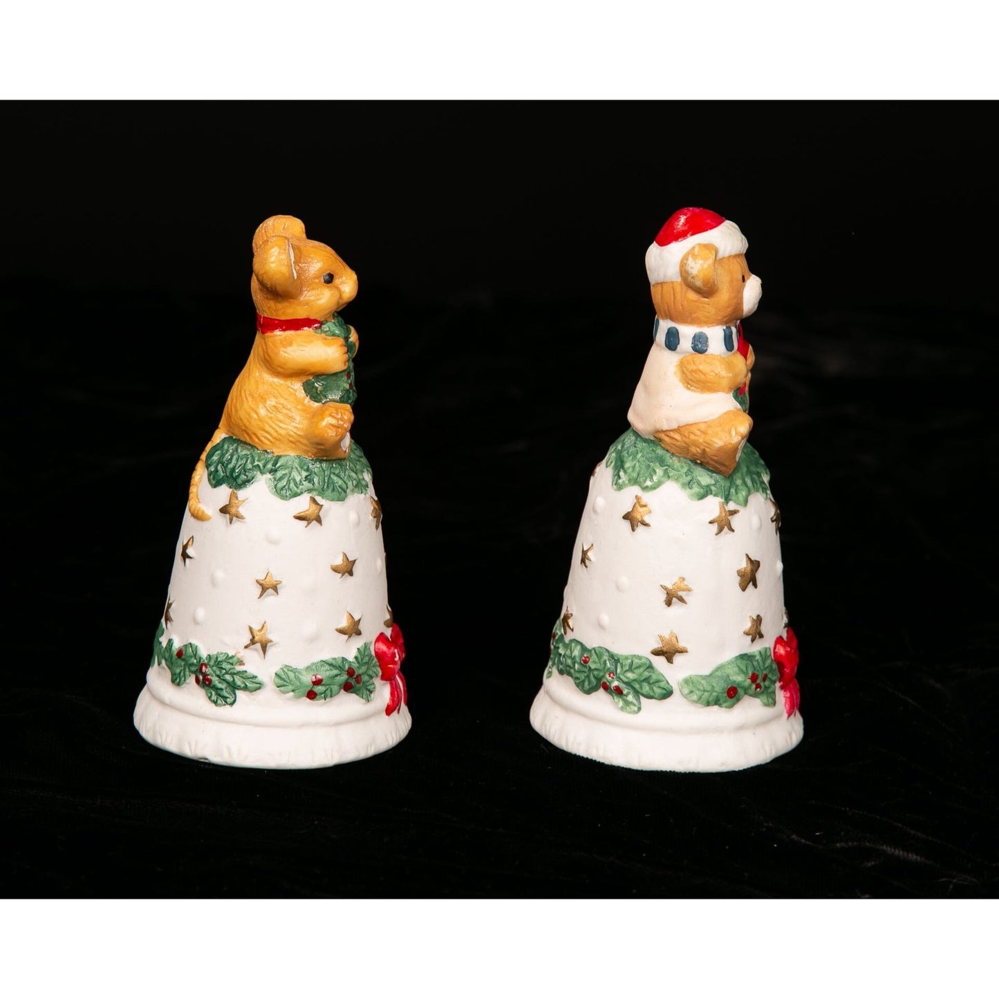 Vintage Christmas Bells Ceramic Mouse and Teddy Bear Set of 2