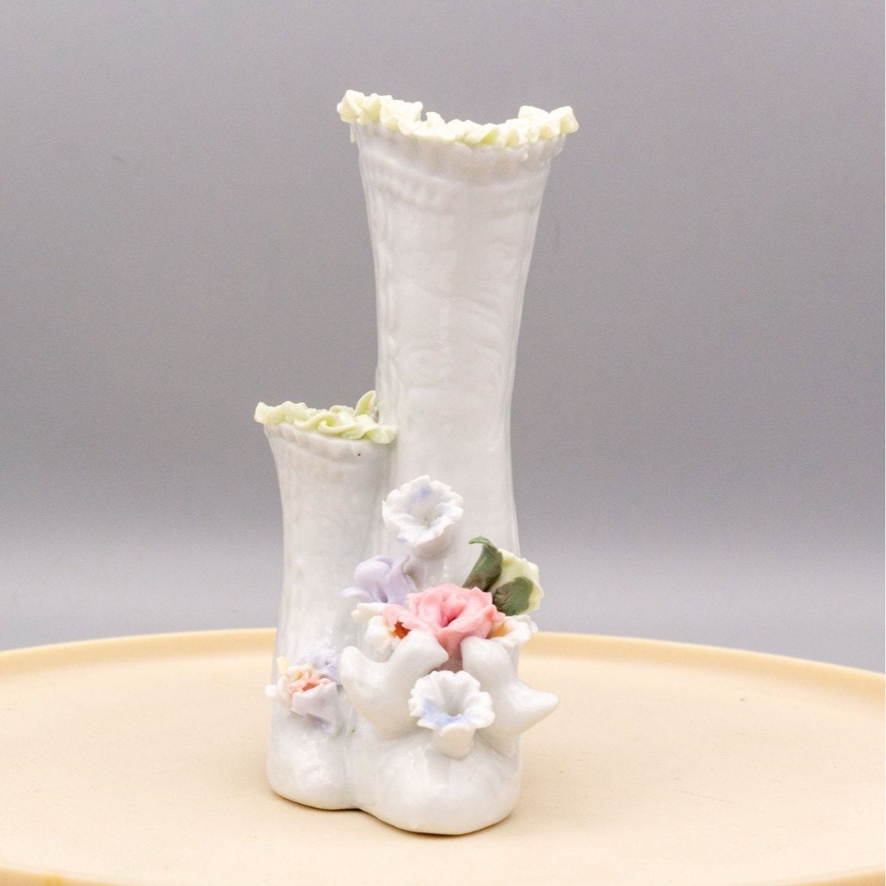Vintage Porcelain Victorian Boots Vase Applied Flowers Birds