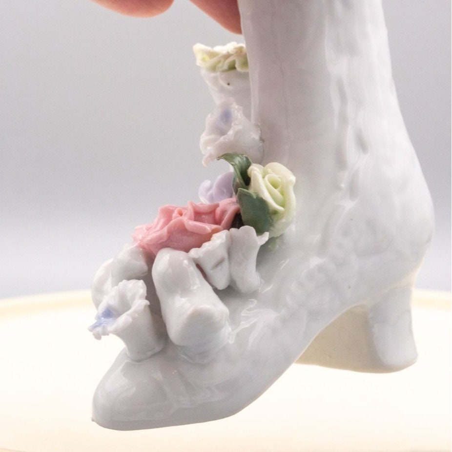Vintage Porcelain Victorian Boots Vase Applied Flowers Birds