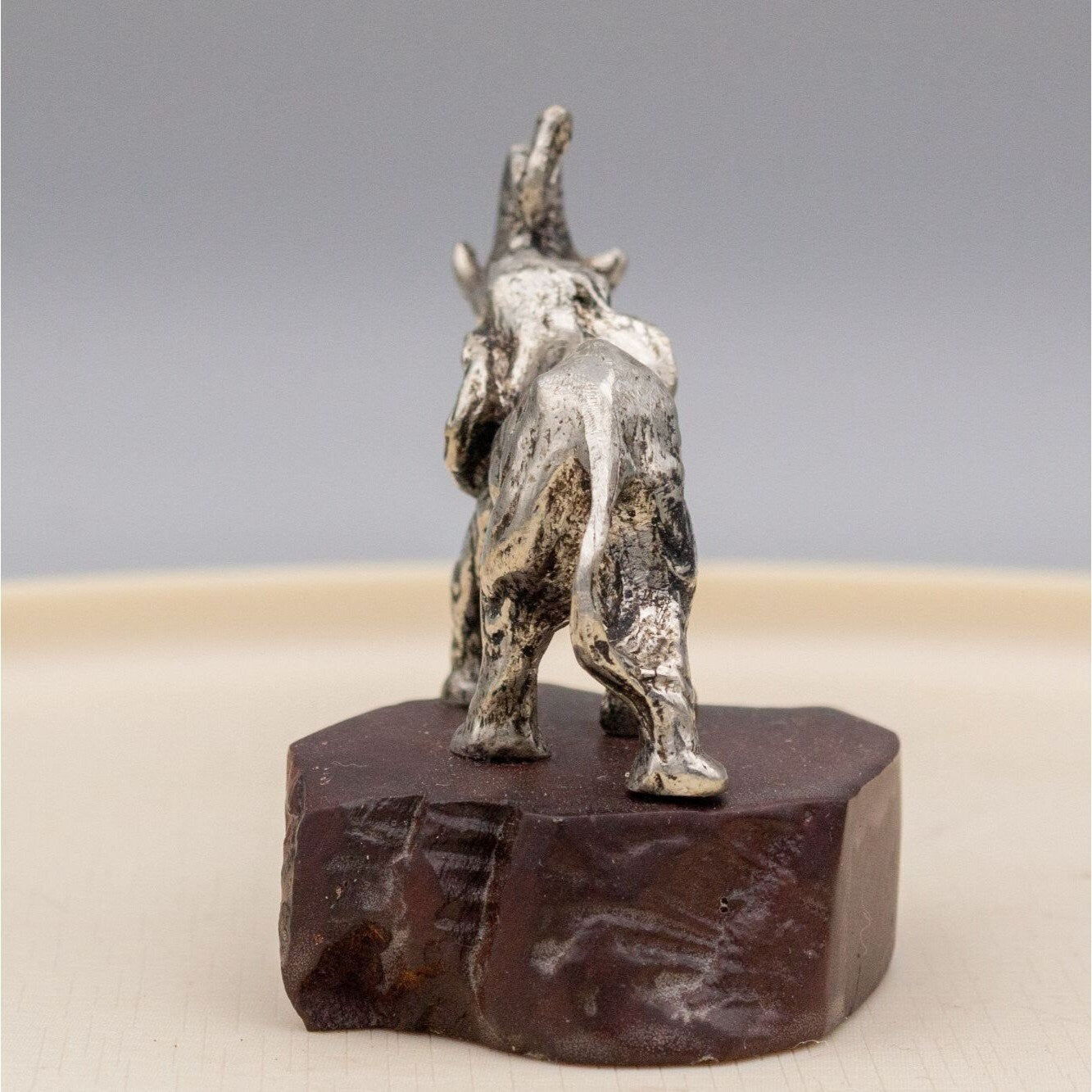 Vintage Pewter Elephant Figurine On Wooden Stand Small