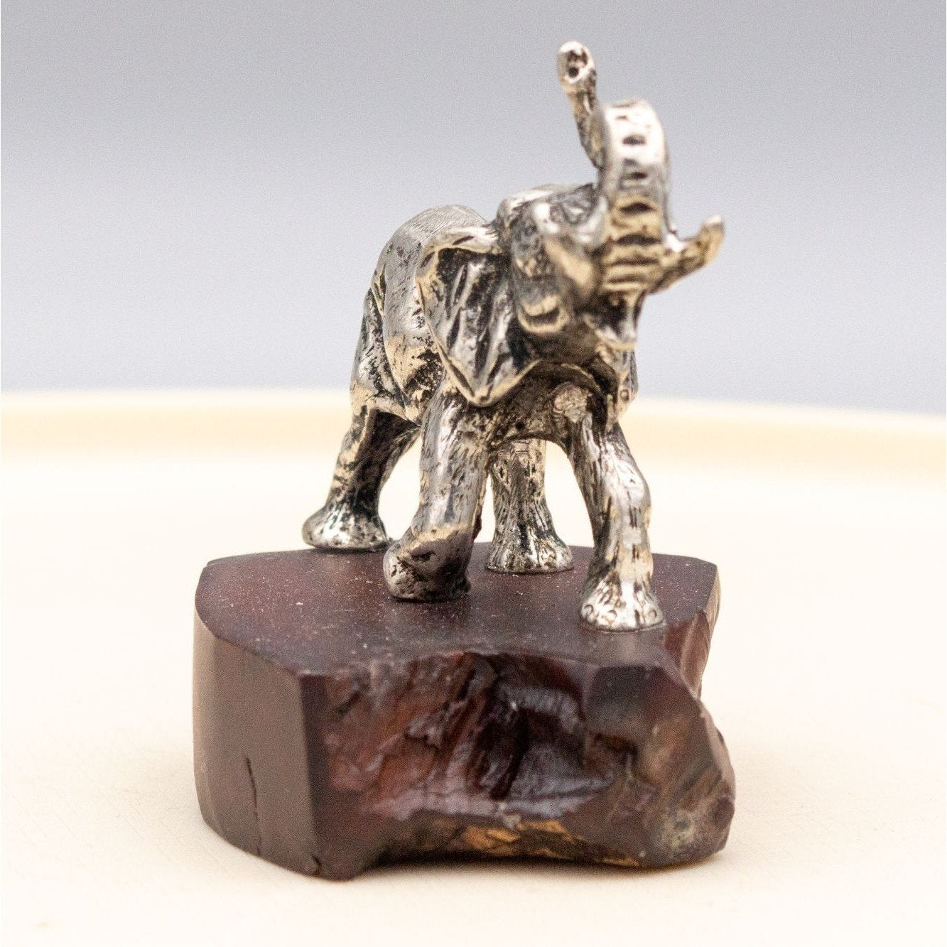 Vintage Pewter Elephant Figurine On Wooden Stand Small