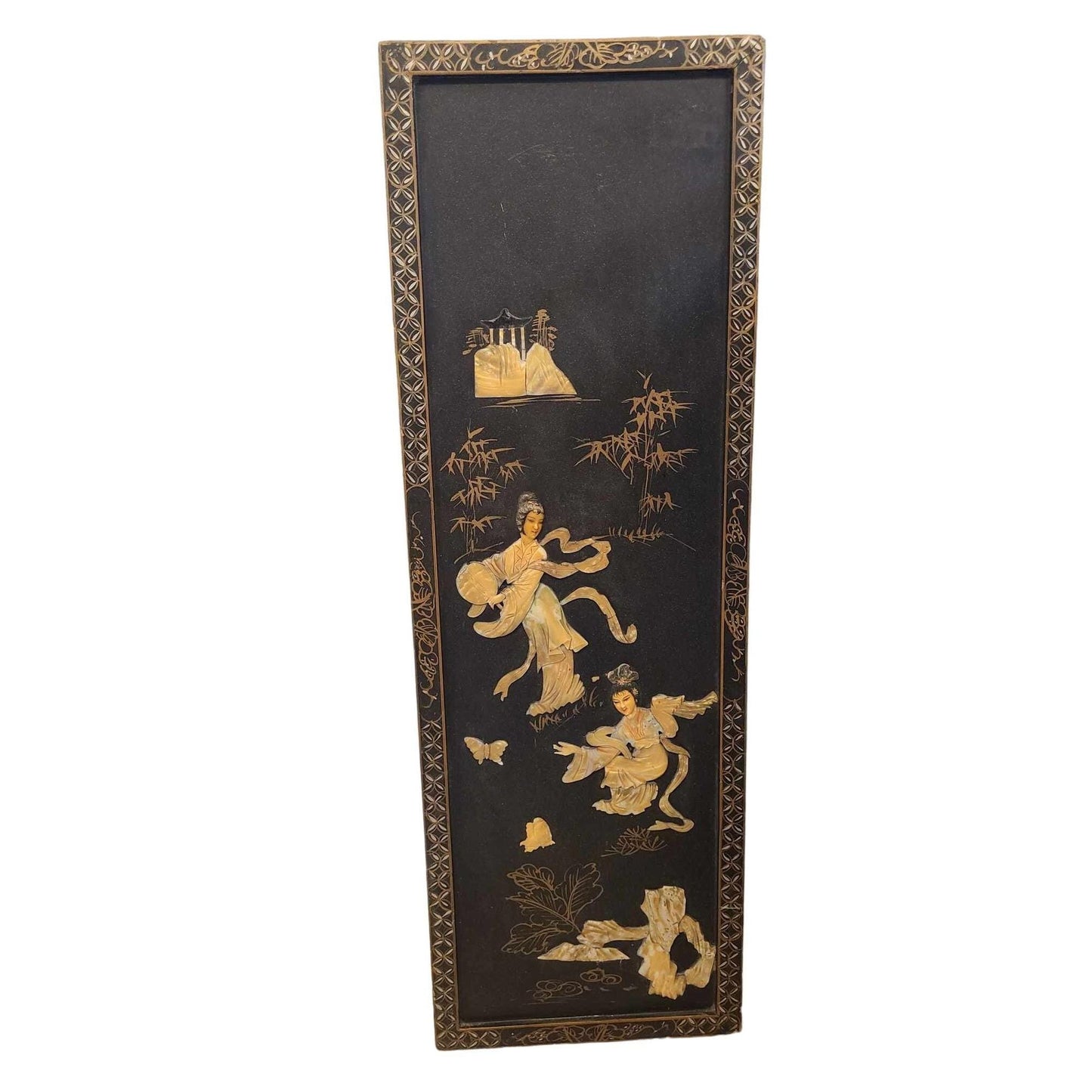 Vintage Japanese-Inspired Mother Of Pearl Wall Art With Wooden Background