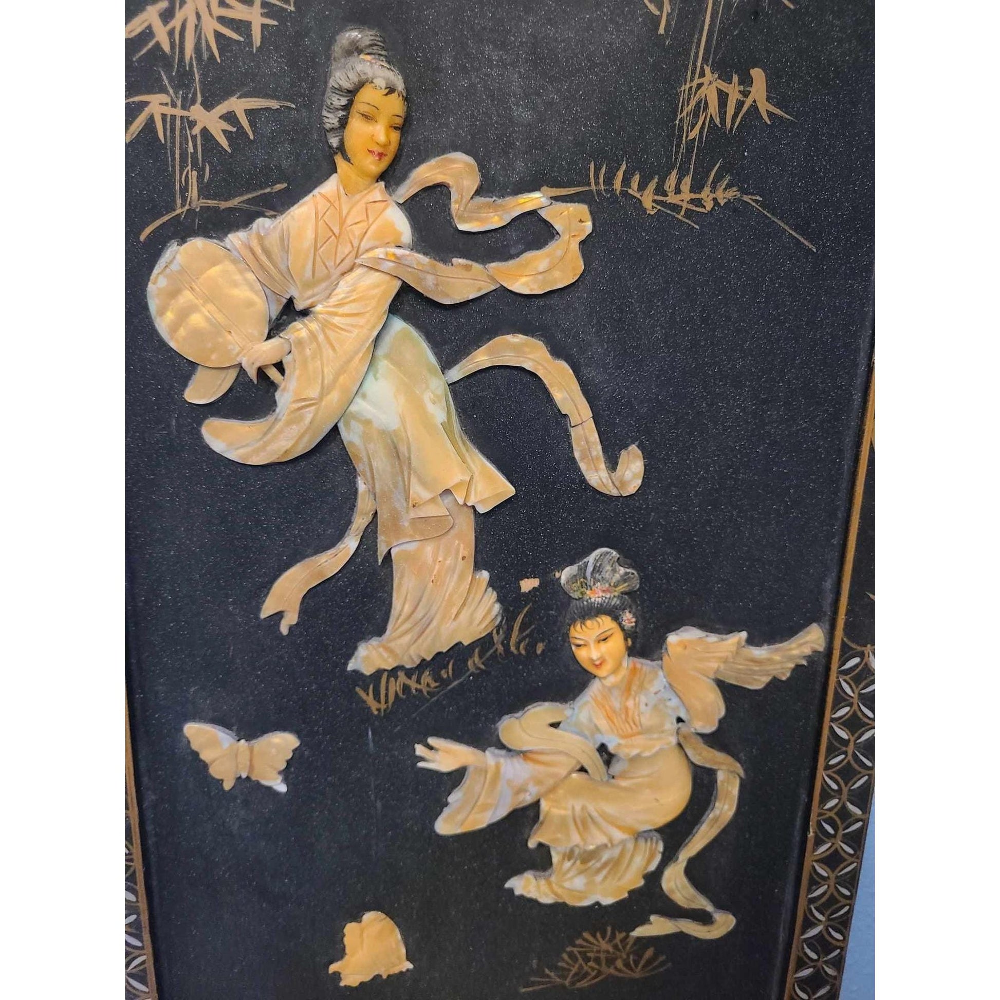 Vintage Japanese-Inspired Mother Of Pearl Wall Art With Wooden Background
