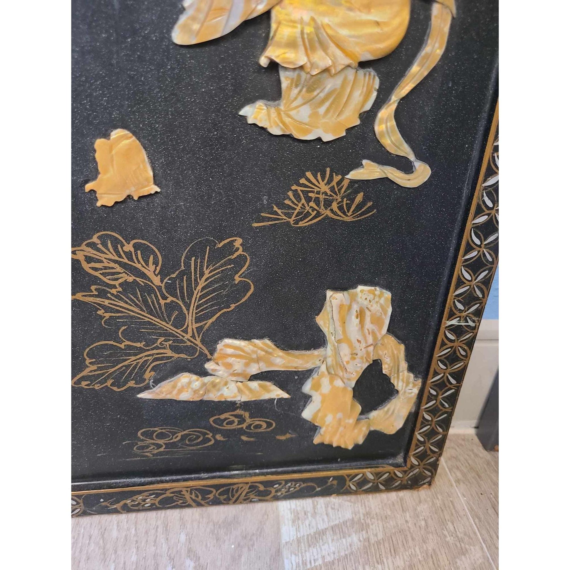 Vintage Japanese-Inspired Mother Of Pearl Wall Art With Wooden Background