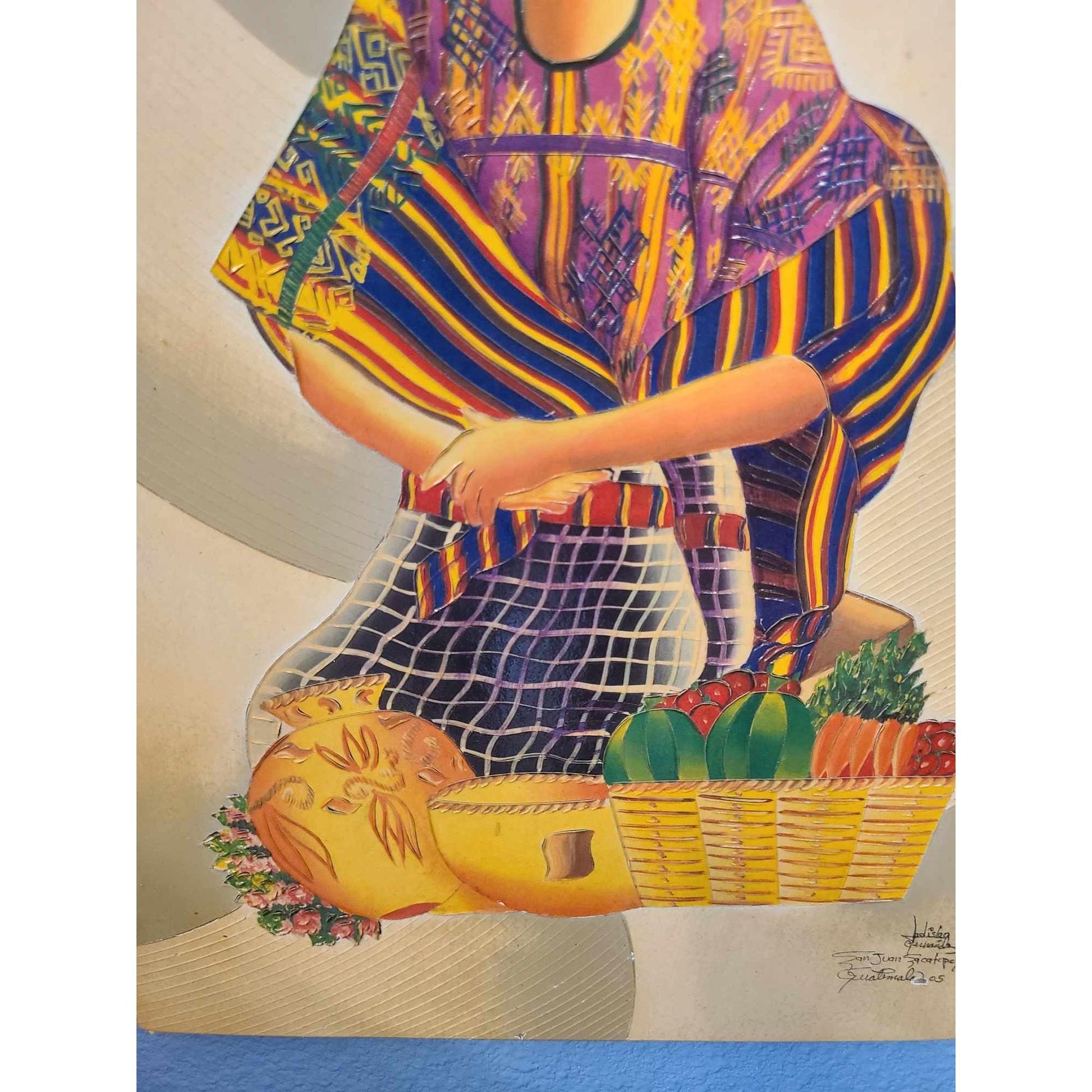 Textured Signed Art Of Woman At Market San Juan Sacatepequez Guatemala 2005