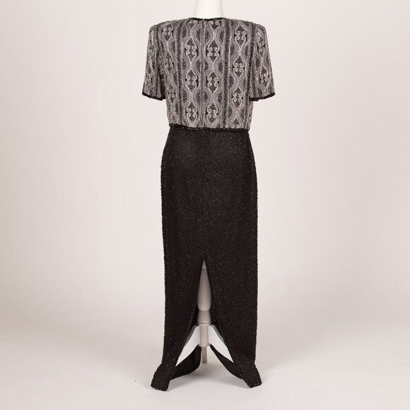 Vintage Laurence Kazar Black and White Beaded Gown Size Medium 1980s