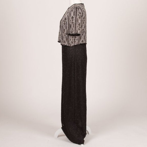 Vintage Laurence Kazar Black and White Beaded Gown Size Medium 1980s