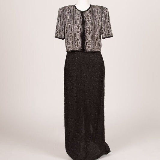 Vintage Laurence Kazar Black and White Beaded Gown Size Medium 1980s