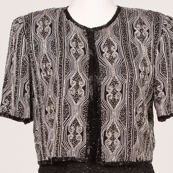 Vintage Laurence Kazar Black and White Beaded Gown Size Medium 1980s