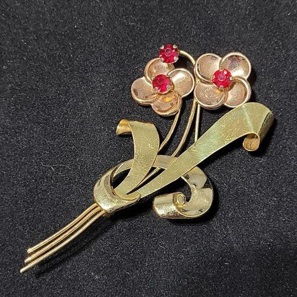 Vintage Signed Harry Iskin Gold Filled Brooch Flowers and Rhinestones