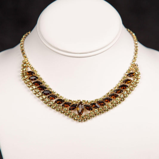 Vintage Rhinestoned Necklace 1940s with Amber and Golden Glass gems in a Gold toned setting