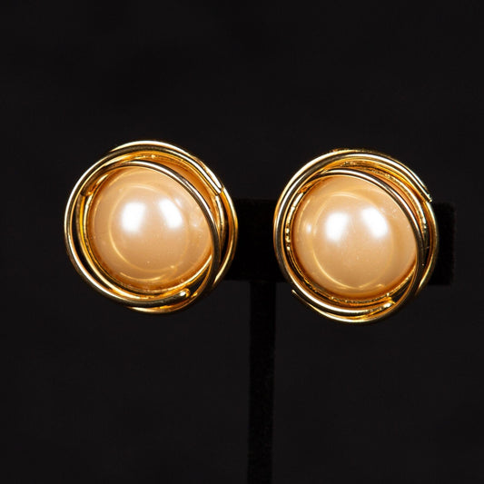 Vintage Gold and Pearl Cabochon Clip On Earrings