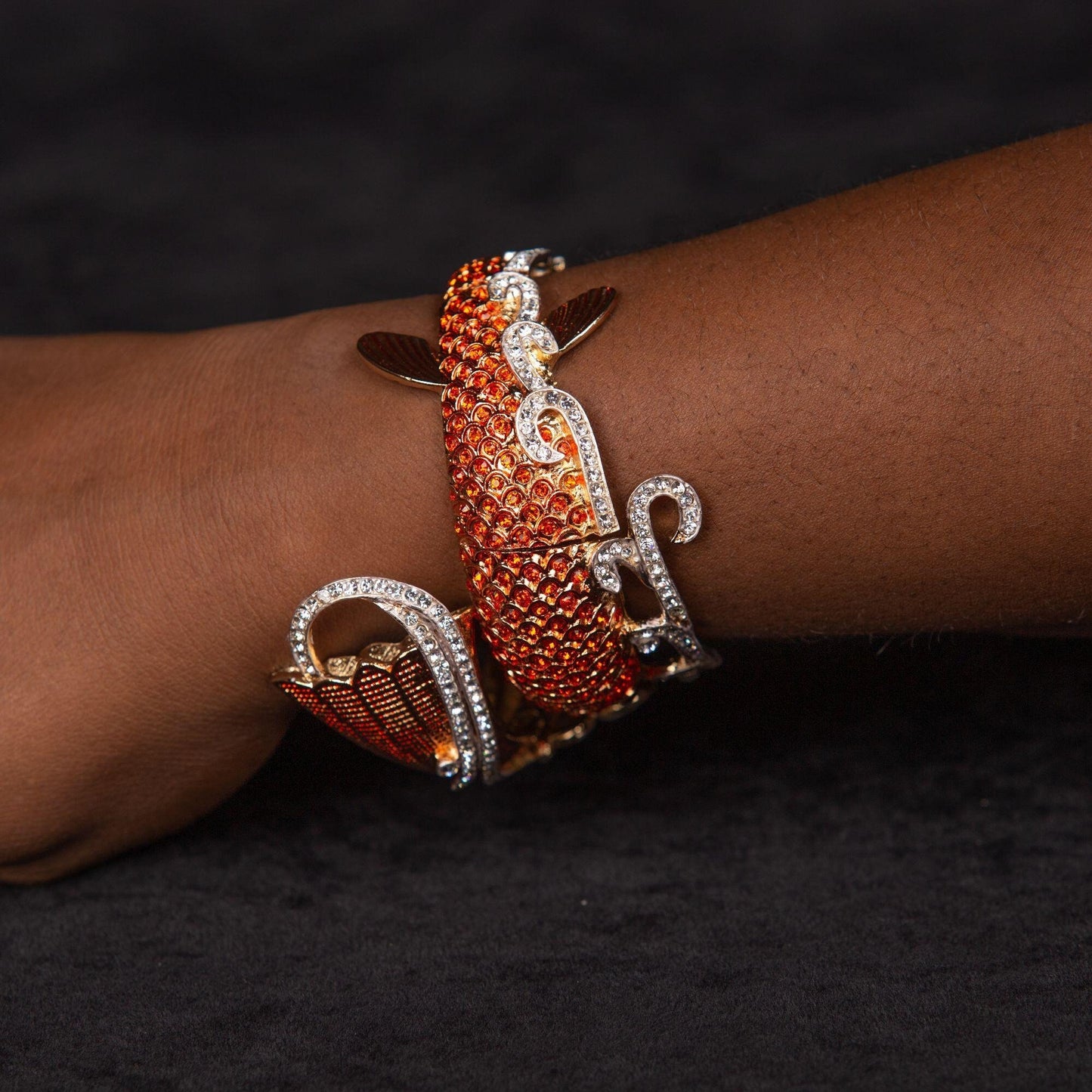 Vintage Rhinestone Goldfish Koi Fish Bangle Bracelet