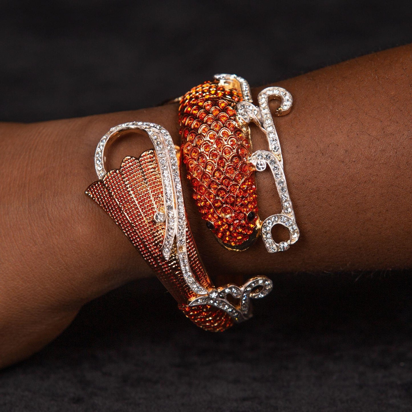 Vintage Rhinestone Goldfish Koi Fish Bangle Bracelet