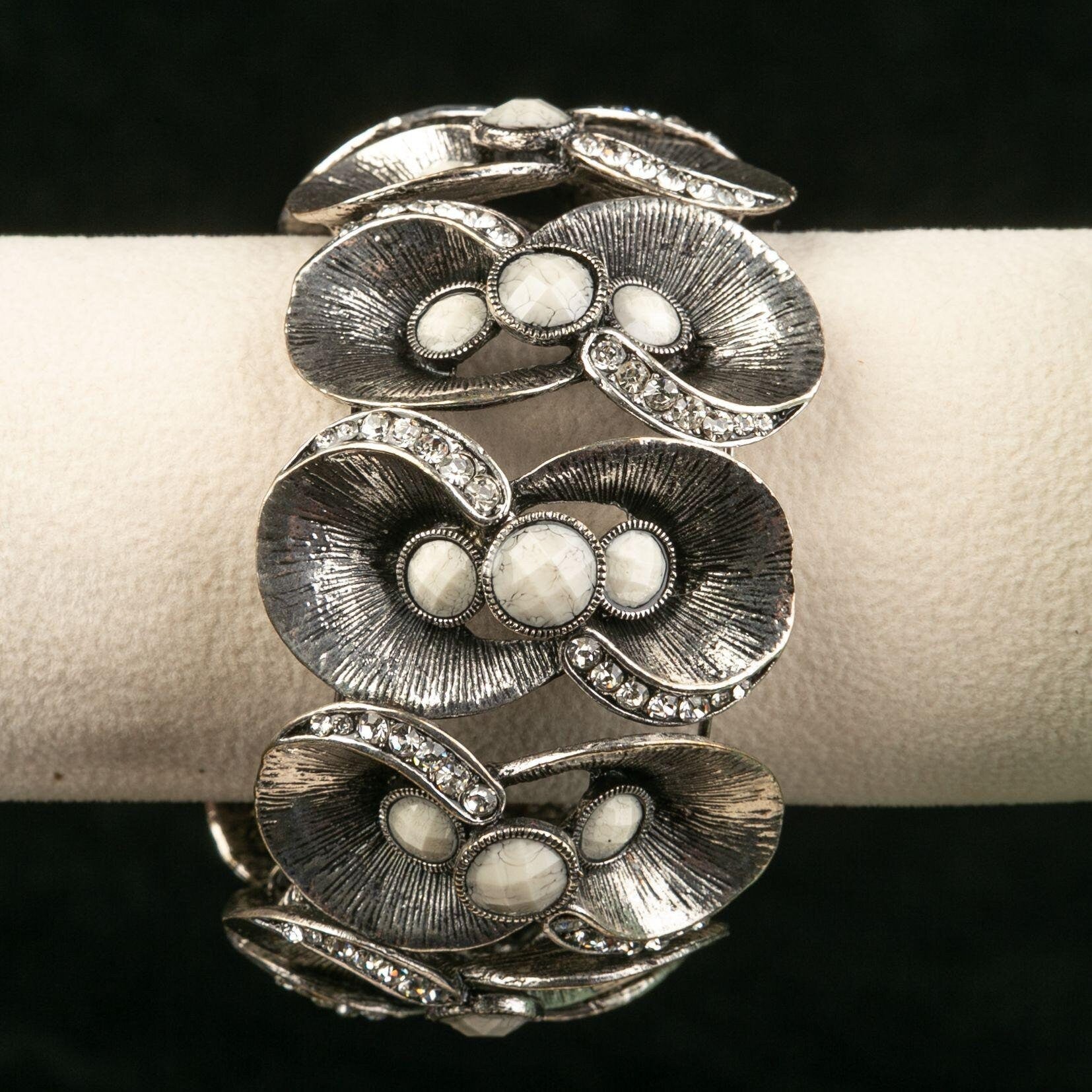 Vintage Large Floral Rhinestone Cuff Bracelet