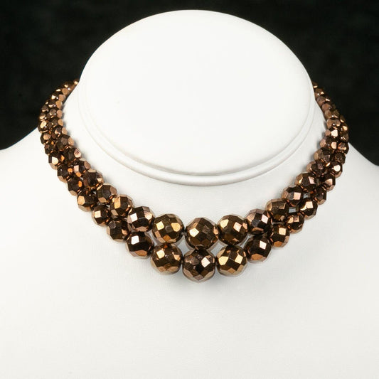 Antique Brown Glass Faceted Bead Choker Necklace with Box Clasp