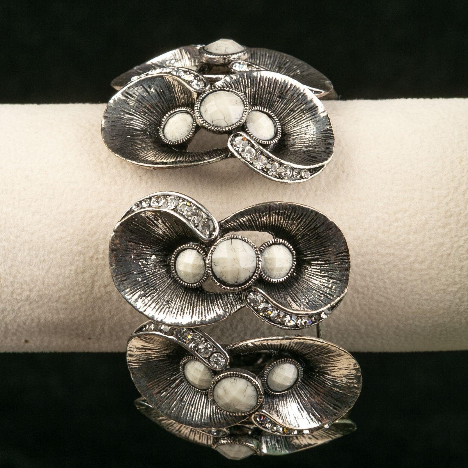 Vintage Large Floral Rhinestone Cuff Bracelet