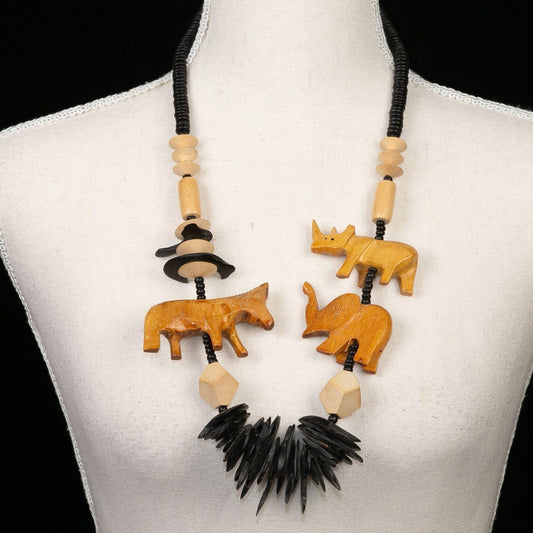 Vintage Kenyan African Animal Hand Carved Wooden Necklace