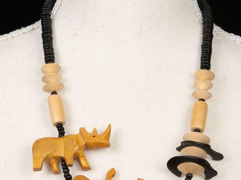Vintage Kenyan African Animal Hand Carved Wooden Necklace