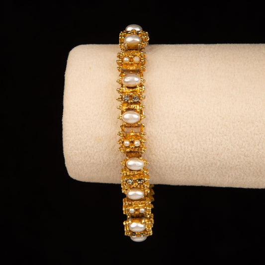 Vintage Faux Pearl Rhinestone Gold Tone Chain Bracelet