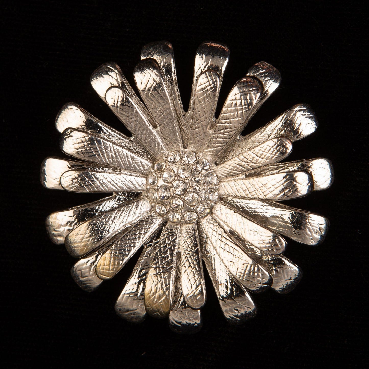 Vintage Rhinestone Daisy Sunflower Silver Toned Pendant