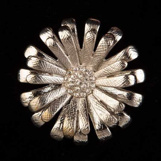 Vintage Rhinestone Daisy Sunflower Silver Toned Pendant