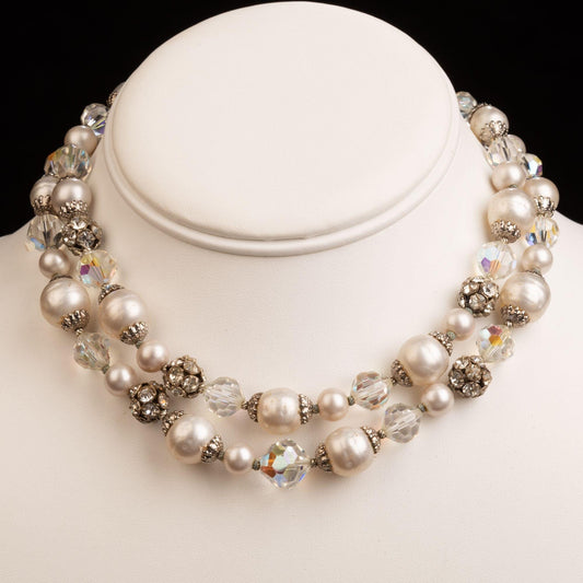 Vintage Signed Vendome Coro Glass Pearl Prong Set Rhinestone 2 strand Choker Necklace