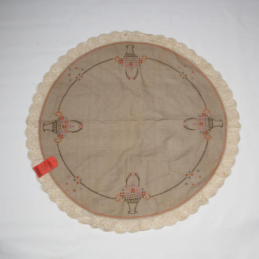 1930 Cross-stitched Tatted Lace Round Table Cover Vintage Linen