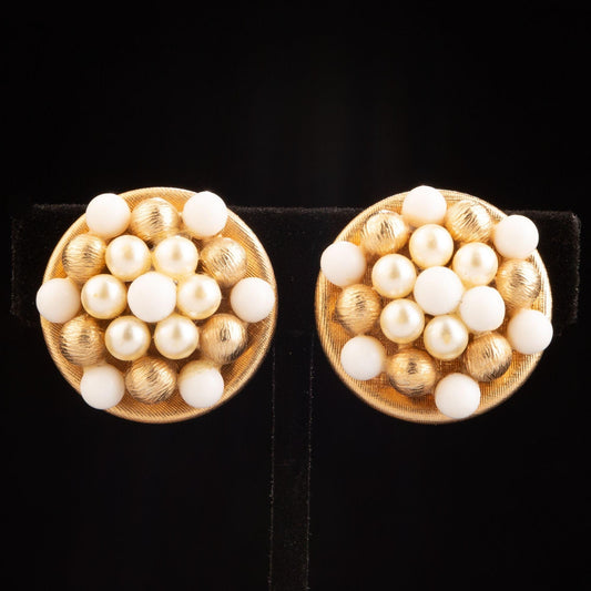 Vintage Milk Glass and Gold Pearl Bead Clip on Earrings