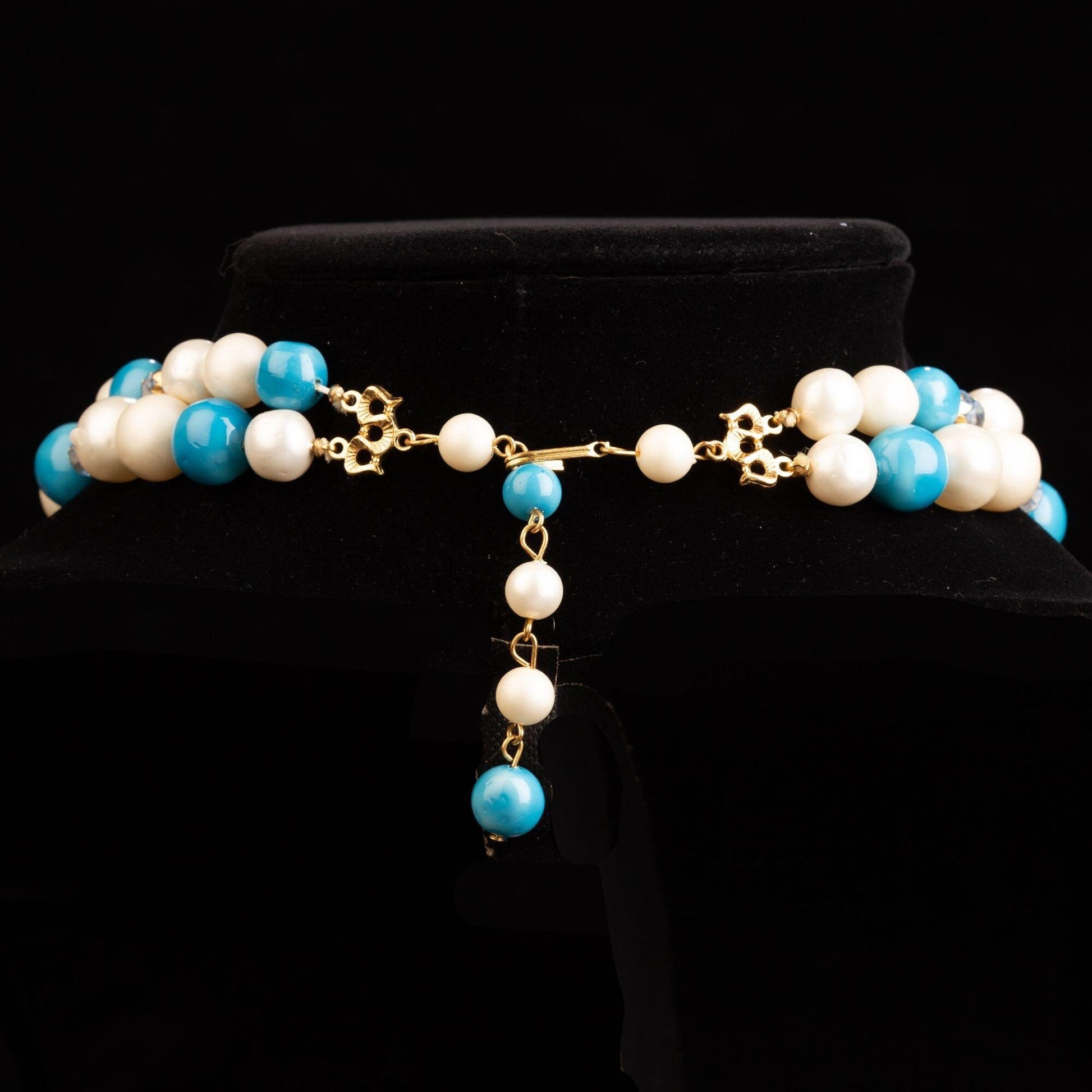 Vintage Faux Pearl Aurora Borealis Blue Gold Beaded 2 Strand Necklace