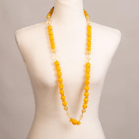 Vintage Yellow/Gold Lucite Beaded Necklace with Box Clasp Signed Hong Kong