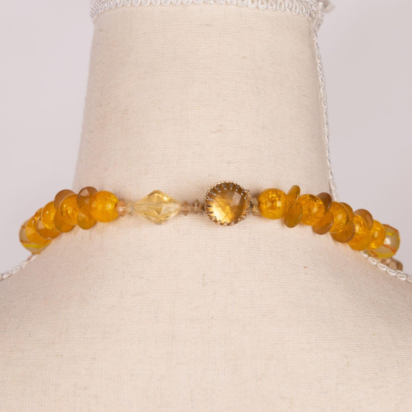 Vintage Yellow/Gold Lucite Beaded Necklace with Box Clasp Signed Hong Kong